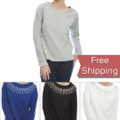 StunningLa HIGH AND LOW SWEATER S,M,L Grey Blue Black Cream STUD EMBELLISHED QUILTED LONG SLEEVE TOP
