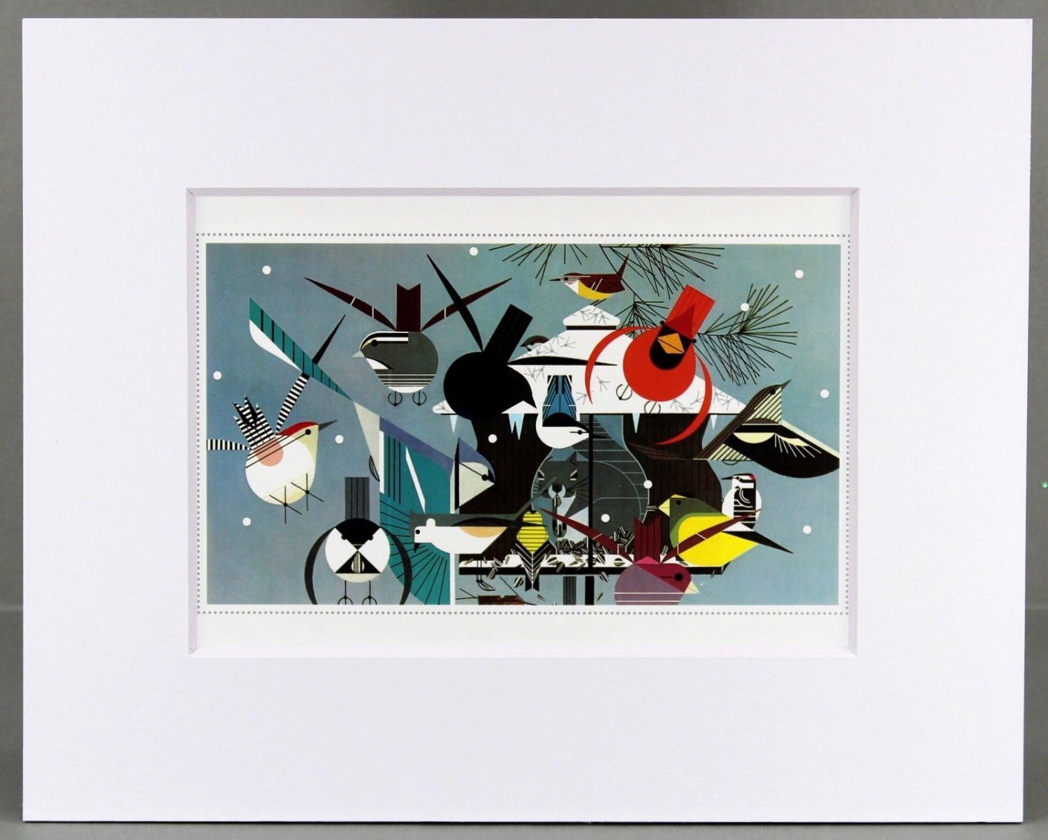 Charley Harper, Winter, Bird Feeder, White Matted Litho Bird Print, 22276