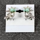 Pearl Earrings, Pale Green Faux Pearls, Rhinestones, Silver Tone Setting, Clip, 22727