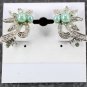 Pearl Earrings, Pale Green Faux Pearls, Rhinestones, Silver Tone Setting, Clip, 22727
