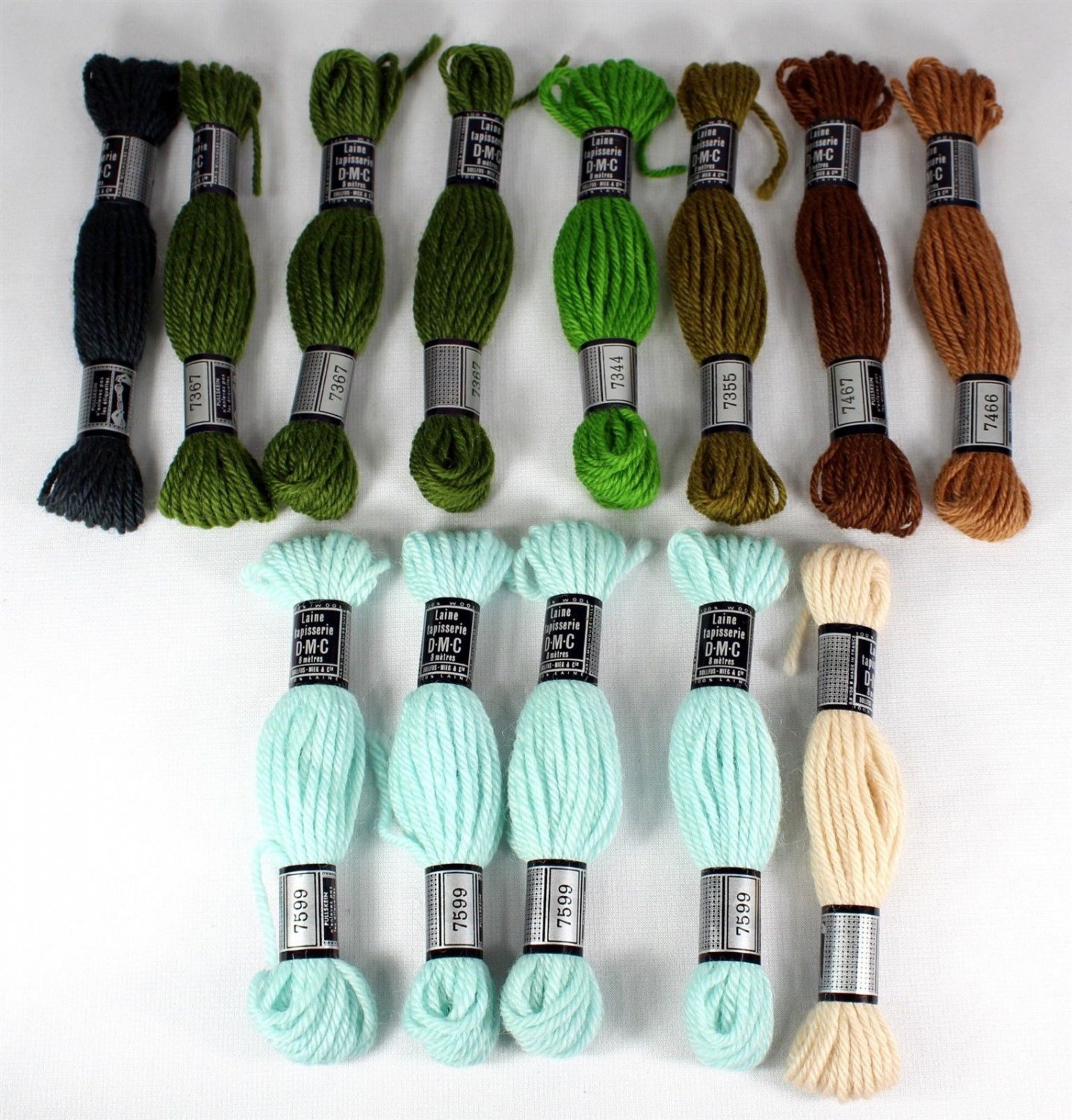 DMC Tapestry Wool, 12 Skeins Assorted Colors, NOS, 8 Meters Each, Pull Skein, 24009