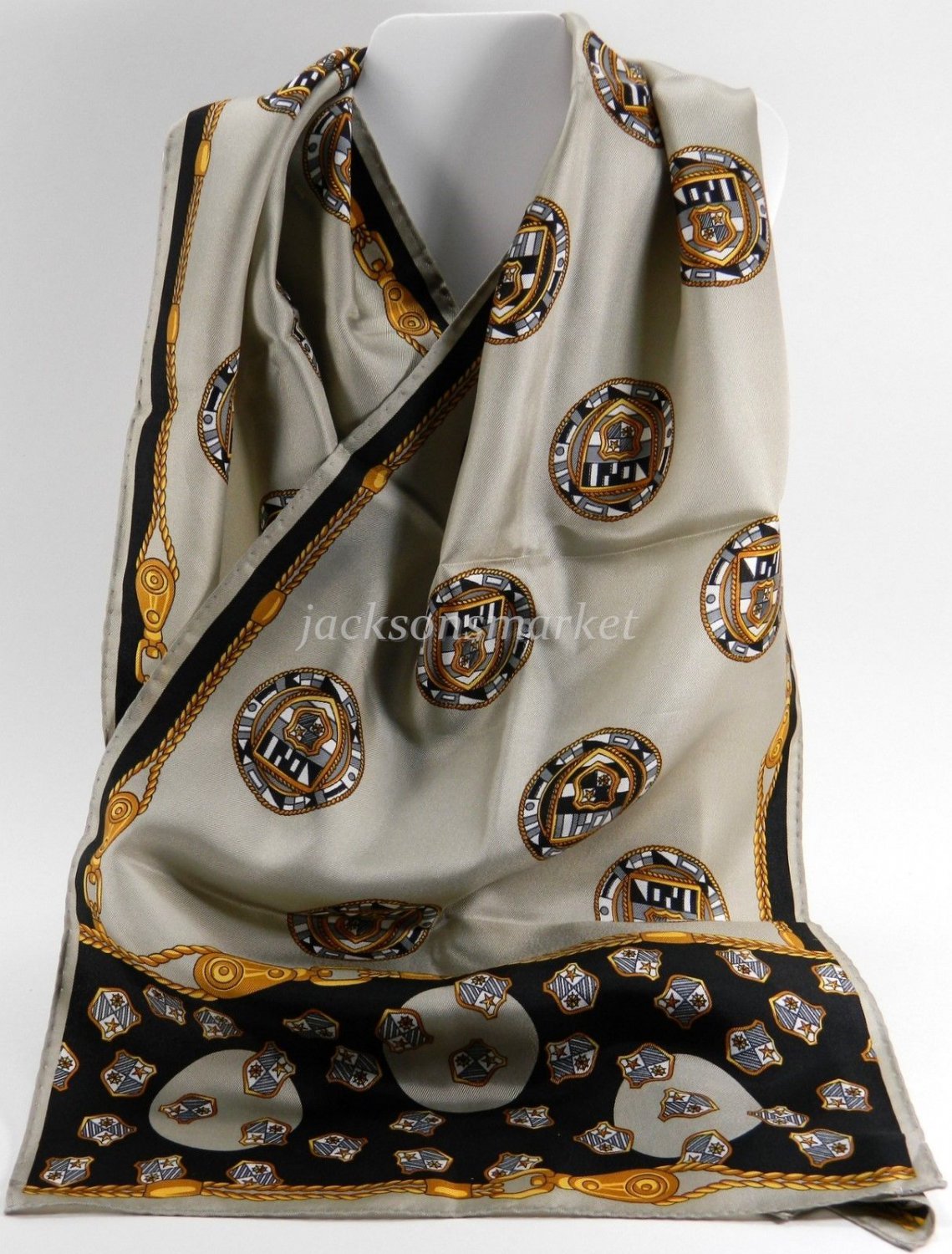 Vera Neumann All Silk Vintage Rectangular Scarf Medallions, Shields, Cords, 18365
