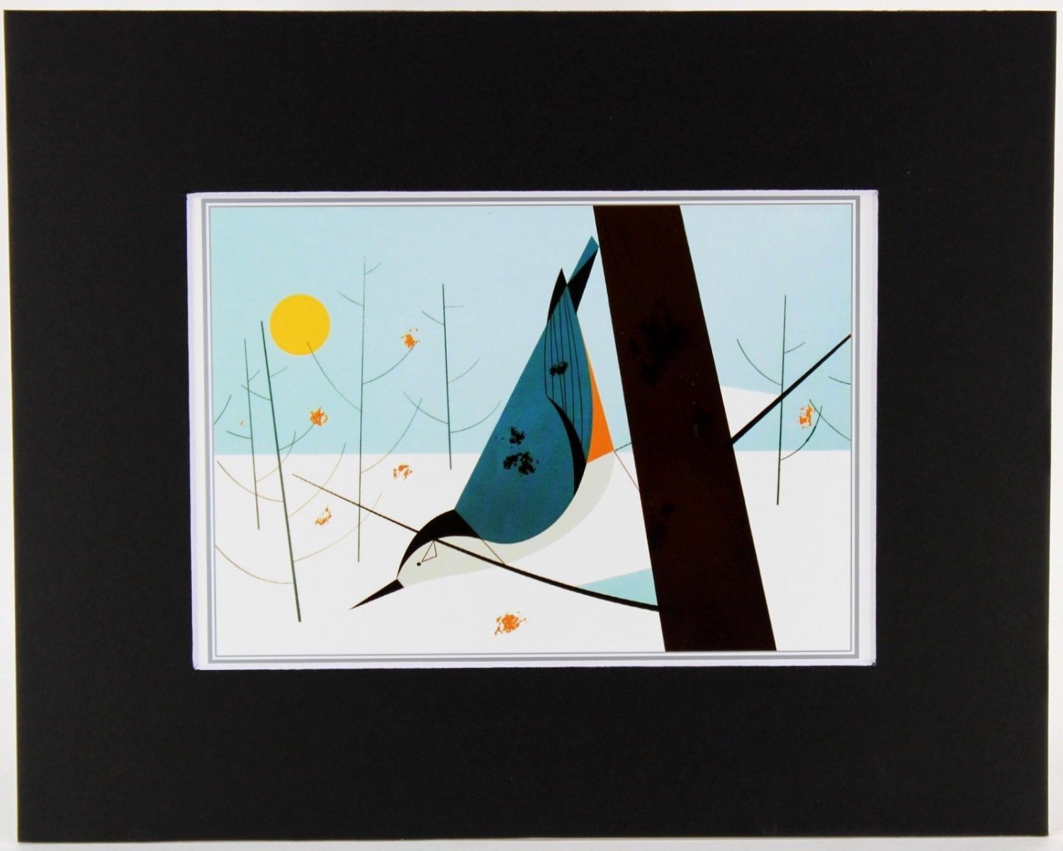 Charley Harper Print, White Breasted Nuthatch, Black Matted, 22200