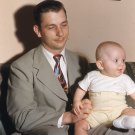 Annoyed Looking Man Holding Baby, 1951 Vintage Color Slide, Red Border Kodachrome, 22455