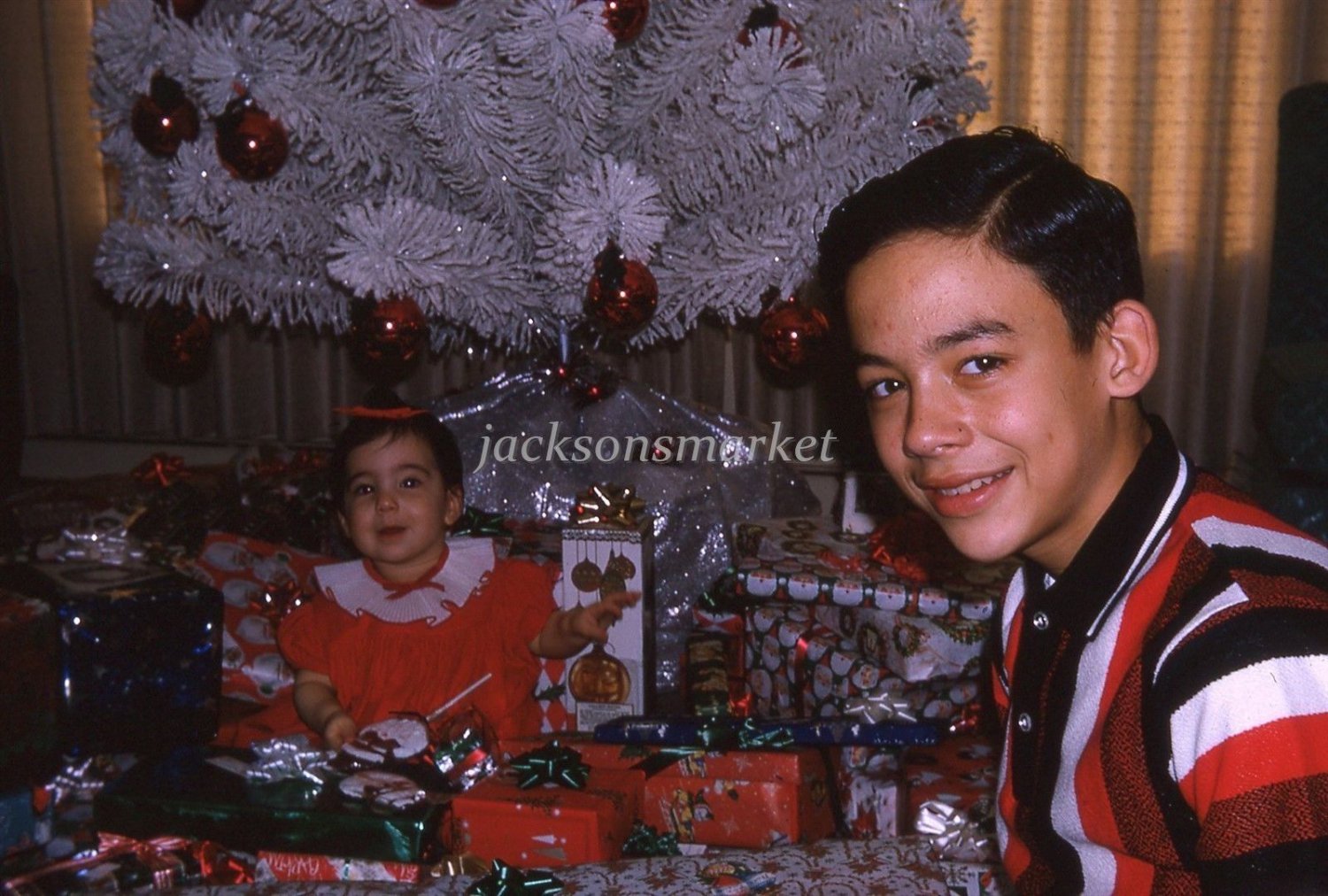 White Flocked Christmas Tree, Wrapped Presents, Baby Girl and Big Brother Vintage Color Slide, 20945