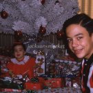 White Flocked Christmas Tree, Wrapped Presents, Baby Girl and Big Brother Vintage Color Slide, 20945
