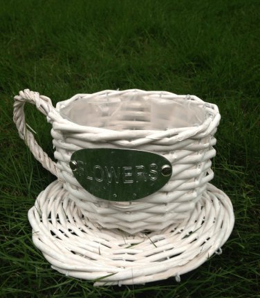 Handmade Wicker Coffee Cup Shaped Basket Or Planter For Indoor Use Color White