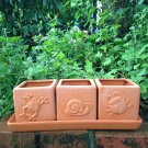 Terra Cotta Clay Set of 3 Small Square Embossed Earthenware Planters with tray