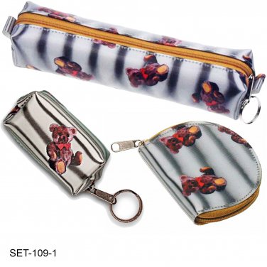 SETOF3- 3D Lenticular Teddy Bear Pencil Case Coin Purse Keychain #SET-109-1#