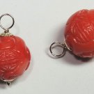 15mm Carved Natural Orange Coral INTERCHANGEABLE Earring Charms YG or SS