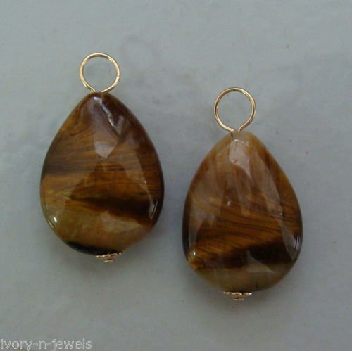 Smooth Tigers Eye Teadrops INTERCHANGEABLE Earring Charms YOUR CHOICE YG or SS