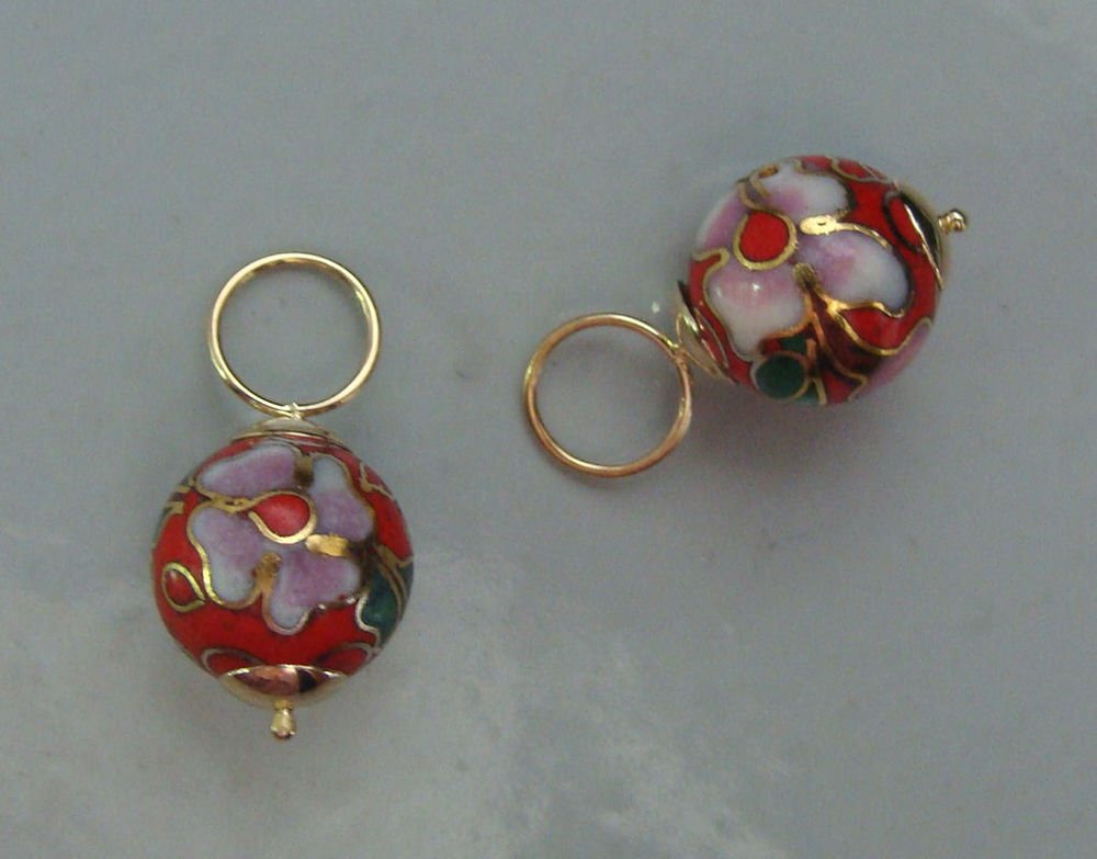10mm Red Cloisonne INTERCHANGEABLE Earring Hooplet Charms Solid 14K YG 1 PAIR