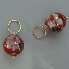 10mm Red Cloisonne INTERCHANGEABLE Earring Hooplet Charms Solid 14K YG 1 PAIR