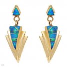 Fabulous 30mm Dangling Lab Caribbean Blue Opal Earrings Solid 14K YG  3.7 grams