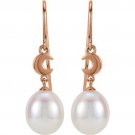 Freshwater Cultured Pearl Earrings 14K Solid Rose Gold with Cresent Moon