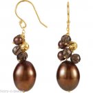 Freshwater Dyed Chocolate Cultured Pearl & Smoky Quartz Earrings 14K Solid Gold