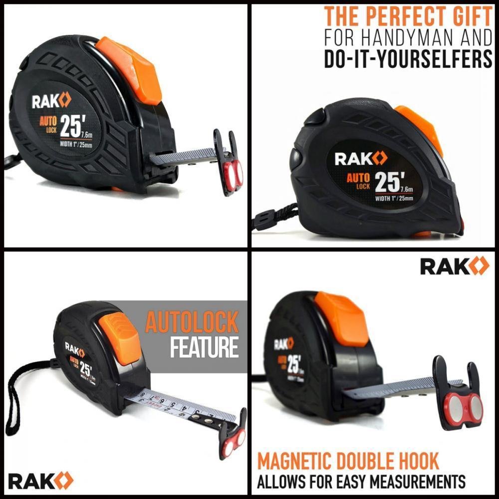 RAK Tape Measure 25 Ft W/ Hook Auto Lock Belt Clip Inches And
