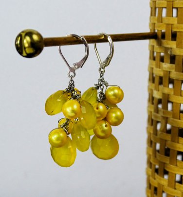 Sterling Silver Leverback Lemon Chalcedony Yellow Pearl Cluster Dangle Earrings