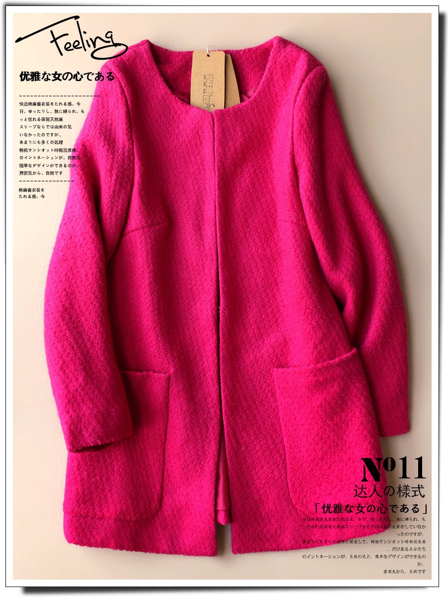 Solid rose woolen cardigan coat sweet winter overcoat