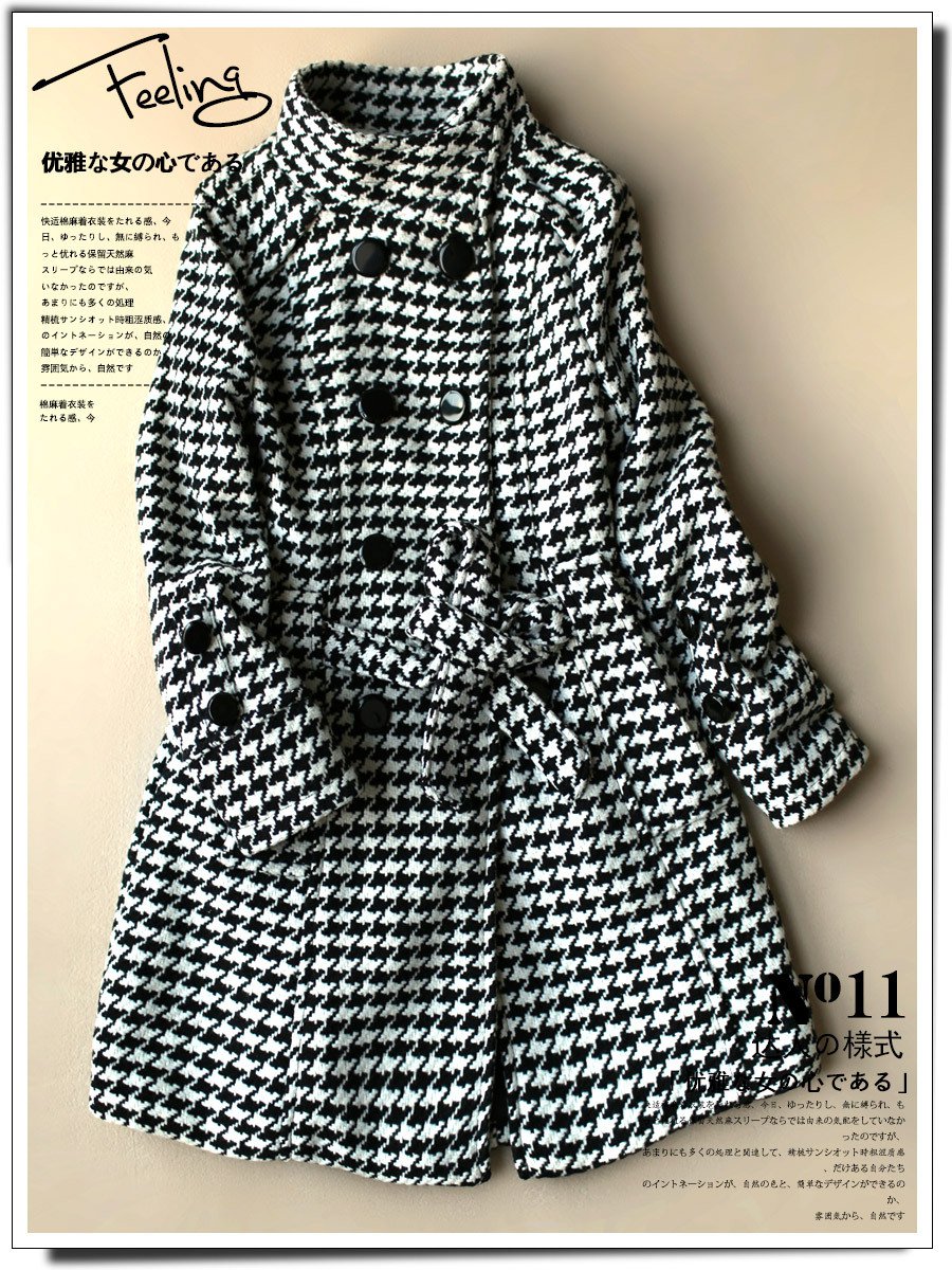 swallow grid woolen coat plus size winter overcoat cardigan jacket in black and white