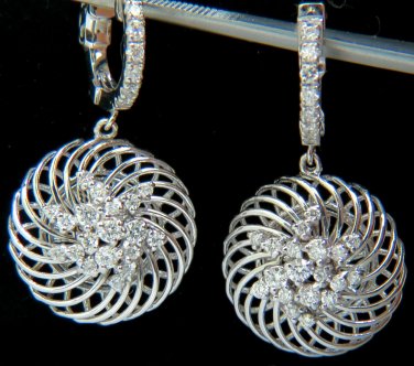$5000 VIDEO 1.10CT DIAMONDS DANGLE EARRINGS 3D SWIRL DECO HOOP 1.25 INCH 14KT