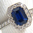 $5000 2.64CT NATURAL EMERALD CUT VIVID BLUE SAPPHIRE DIAMONDS RING 14KT HALO