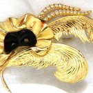 18KT SIGNED 1.00ct. DIAMONDS THEATER EYE MASK FEATHER PEACOCK DECO BROOCH 2+INCH