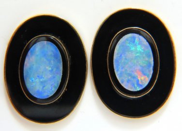 14KT VINTAGE OPAL BLACK ONYX BUTTON STYLE EARRINGS