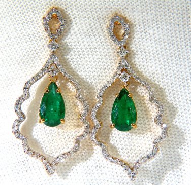 &acirc;��$11000 3.66ct NATURAL VIVID TOP GEM GREEN EMERALD DIAMOND EARRINGS DANGLE 14KT