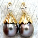 █$4000 10mm natural tahitian pearl  & .80ct  diamonds drop cap earrings 14kt.