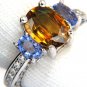 3.68CT NATURAL FANCY VIVID YELLOW BROWN SAPPHIRE TANZANITE DIAMONDS RING 14KT
