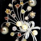 $21000 6.00ct NATURAL FANCY COLOR YELLOW ORANGE BROWN PINK DIAMOND BROOCH &PEARL