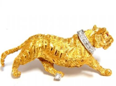 &acirc;�� .20CT NATURAL DIAMONDS TIGER PENDANT BROOCH 18K & PLATINUM VINTAGE CLASS
