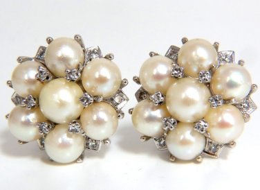 NATURAL AKOYA PEARLS & DIAMONDS 14KT CLIP CLUSTER EARRINGS VINTAGE DECO