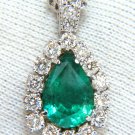 $9500 4.57ct. Natural Pear Zambia Green Emerald Diamonds pendant & chain 14kt