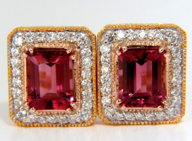 &acirc;��$9000 6.28CT NATURAL REDDISH PINK EMERALD CUT TOURMALINE DIAMONDS EARRINGS