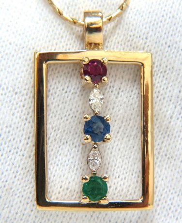 .45ct. Natural Vivid Emerald Sapphire Ruby diamonds necklace square Zen Deco 14k