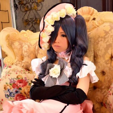 Black Butler Ciel Phantomhive girl women blue grey 2 clip ponytails curly cosplay wig