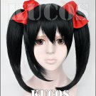 LOVE LIVE Yazawa Niko asymmetry sidebums Black anime Cosplay wig 2 tails + hair bowknot