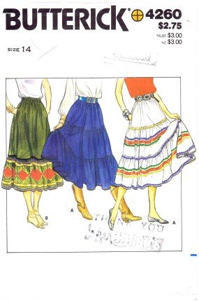 1980's Butterick 4260 Sewing Pattern Misses Boho Tiered Skirts Size 14 - Waist 28