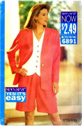 1990's See & Sew 6891 Sewing Pattern Misses Jacket Top Shorts Size 12 - 16 - Bust 34 - 38