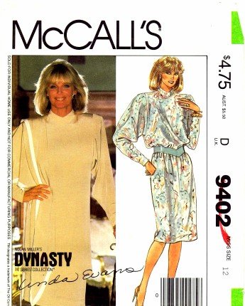 McCall's 9402 Vintage Sewing Pattern Dynasty Linda Evans Dress Tunic Skirt Shawl Size 12 Bust 34