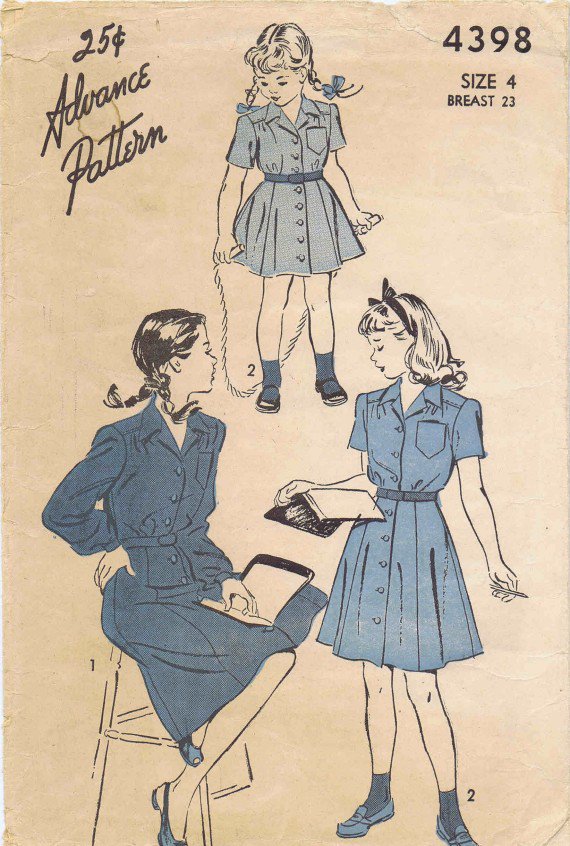 Advance 4398 Vintage Sewing Pattern Girls Shirtwaist Dress Size 4 Breast 23