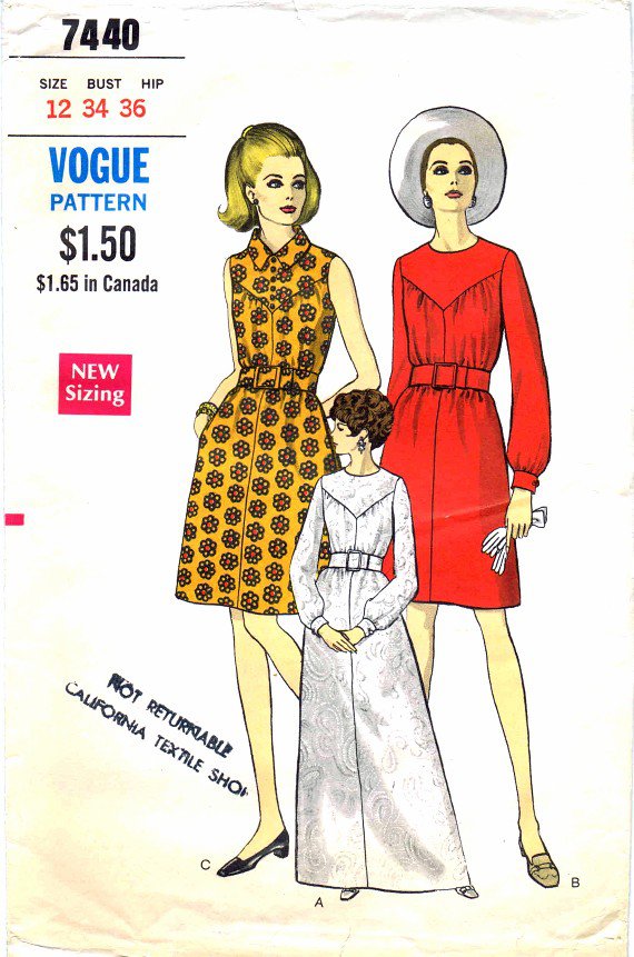 Vogue 7440 Vintage Sewing Pattern A-line Jewel Neck Dress Size 12 Bust 34