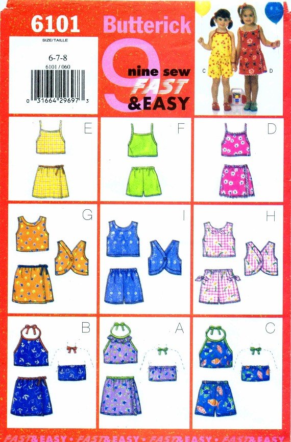 Butterick 6101 Sewing Pattern Girls Top Skirt Shorts Size 6 - 7 - 8