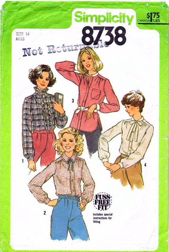1970's Simplicity 8738 Vintage Sewing Pattern Womens Front Button Blouses Size 14 Bust 36