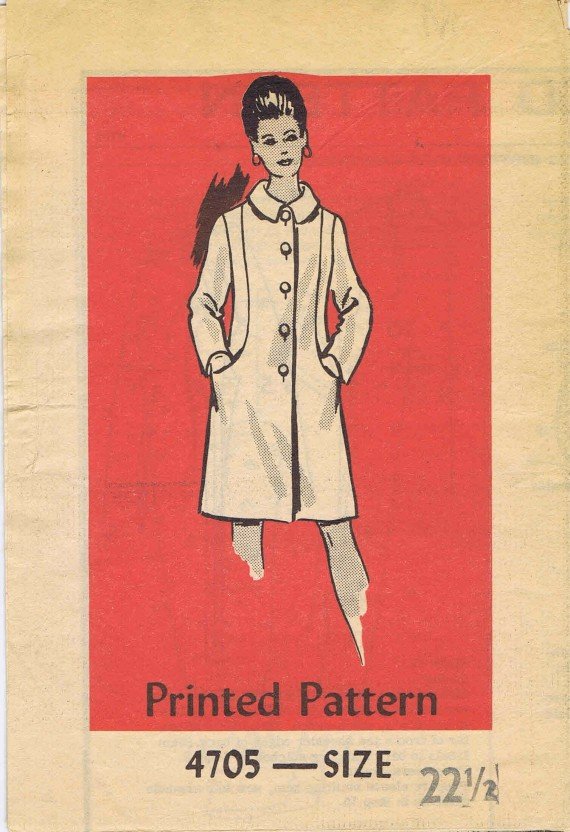 1970's Mail Order 4705 Vintage Sewing Pattern Womens Lined Coat Half Size 22 1/2 Bust 45