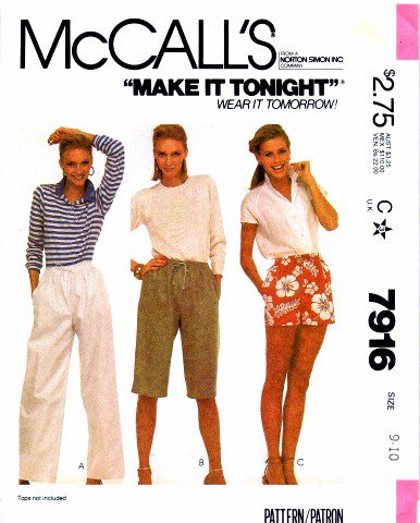 1980's McCall's 7916 Vintage Sewing Pattern Womens Pants or Shorts Size 9 - 10