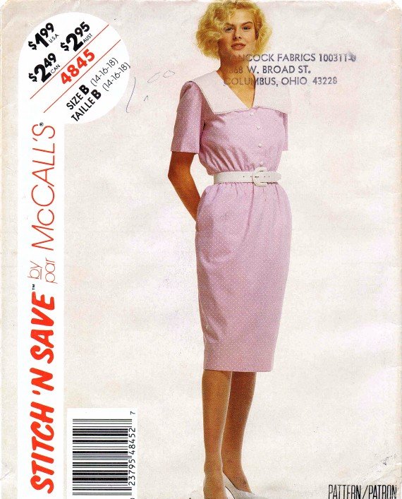 1990's McCall's 4845 Sewing Pattern Womens V-Neck Dress Size 14 - 16 - 18