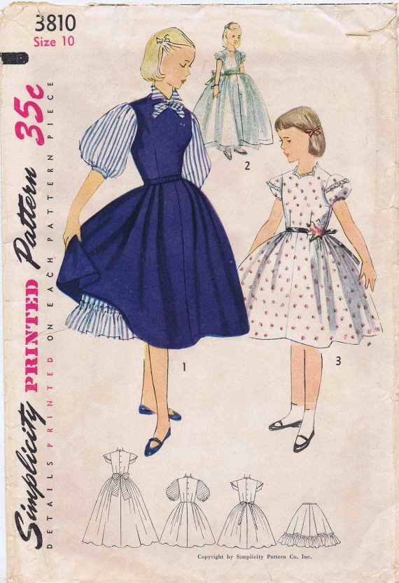 1950's Simplicity 3810 Girls Dress Petticoat Vintage Sewing Pattern Size 10
